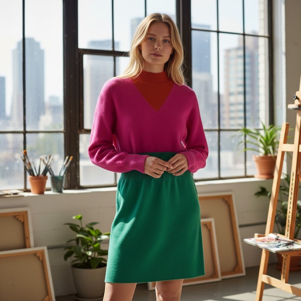 AMUR Knit Mini Dress Womens XS Pink Green Red Colorblock Merino Wool 3108